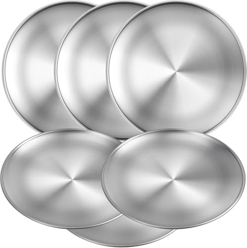 EOGRFW 6 Edelstahl Runden Geschirr,Metall-Teller Aus Edelstahl 304,9 Inch | Leichtes, Unzerbrechliches Geschirrset for Picknicks and Camping Im Freien