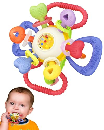 Infinno Jouet Dentition & Hochet Bébé 0-12 Mois Avec Anneau à Tirer – Jeux Multi-fonction en Silicone Sans BPA – Balle Sensoriel Coloré pour Soulager les Gencives (medium)