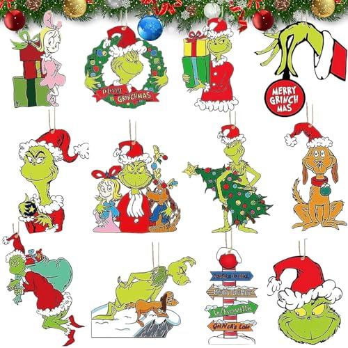 24 Stück Grinch Weihnachtsdeko Anhänger,Grinch Deko Weihnachten,Weihnachten Deko,Hölzerne Weihnachtsbaum Hängenden Ornament mit Seil,Weihnachtsbaumschmuck für Partydekoration Geschenke