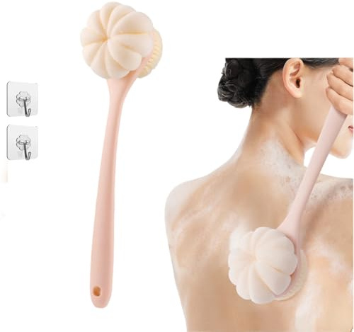 2-in-1 Duschbürste 40cm Stiel-Duschschwamm & Rücken Peelingbürste,Entfernt abgestorbene Haut, fördert Lymphe. Inkl. 2 Haken, Rosa