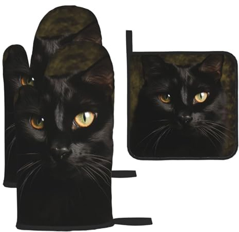 Ofenhandschuhe und Topflappen, 3er-Set, hitzebeständige Grillhandschuhe, schwarze Katze, Ofenhandschuhe, rutschfeste Küchenhandschuhe, Topflappen zum Kochen, Backen, Grillen, Grillen, Mikrowelle