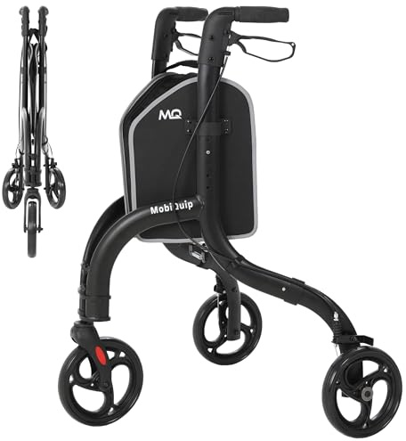 MobiQuip Ultra Light 3 Wheeled Walker, 4.6kg - Black Aluminium Walking Aid with Large Wheels, Adjustable Height & Removable Bag - Stylish, Ergonomic & Comfortable Mobility Walker