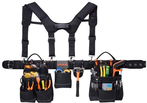 VEVOR Werkzeuggürtel, Handwerkergürtel mit 19 Taschen & Hosenträgern, Werkzeughalter, Hammerhalter für Elektriker, Schreiner & Bauarbeiter, Schürzenorganizer, verstellbar von 800 bis 1310 mm