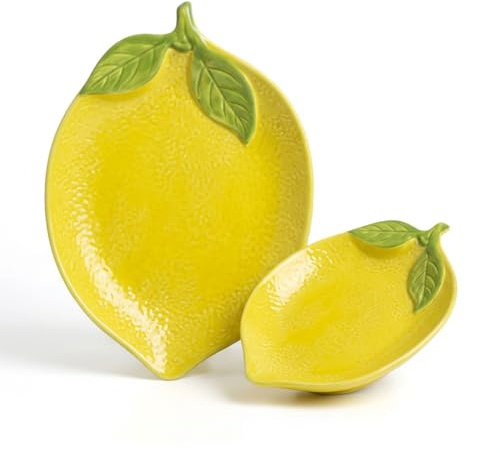 Lemon Shaped Ceramic Plate Set, Creative Fruit Pattern Serving Platter & Sauce Dish Combo, Food Safe Porcelain Tableware for Kitchen Dining Party Decor, Dishwasher Safe Housewarming Gift