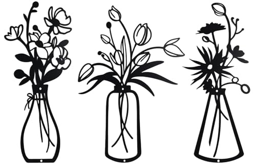 3 Stück Metall Blumen Wanddekoration,Metall Wanddeko Schwarz Wandkunst,Blume und Vase Deko Wanddekoration,Für Schlafzimmern Wohnzimmern Fluren Büros Hotels Wand Dekor Aufstelle