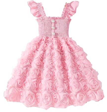 JiAmy Girls 3D Rose Tulle Dress Ruffle Party 5Y, Pink