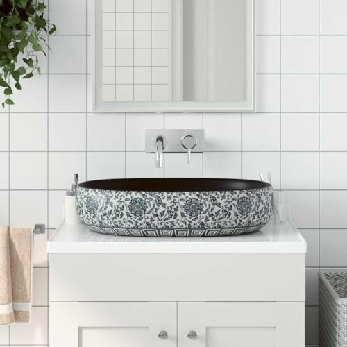 Lavabo da appoggio per WC con piano in ceramica, colore nero e blu, ovale, 59 x 40 x 14 cm, per bagno e ospiti, facile da pulire e installare, design moderno