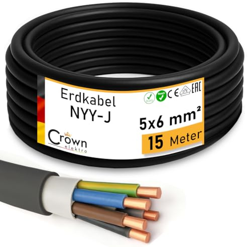 NYY-J 5x6mm² Erdkabel 15m - Elektrokabel Ring für Verlegung im Erdreich & Außenbereich | Kupfer Volldraht | DIN VDE 0276 Teil 603/627 | Deutsche Markenhersteller