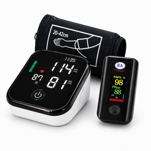 IEA Medical Blutdruckmessgerät Oberarm & Pulsoximeter Set – SpO2, WHO-Ampel | 2-in-1 Vital-Set: Blutdruck, Puls & SpO2 – WHO-Ampel, Arrhythmie-Warnung, XL-Manschette 22-42 cm, USB-C & Batterie