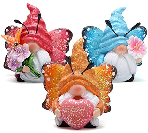 ZAWUU Butterfly Gonk Set of 3, Resin Garden Fairy Gnome Ornaments with Sparkling Wings and Flowers, Colourful Figurines for Conservatory, Patio and Indoor Tiered Tray Decor