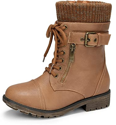 DREAM PAIRS Girl's Combat Lace up Mid Calf Boots,Camel,2 Little Kid