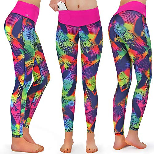 Formbelt Damen lauftights lang mit Taschen - Sport Leggins high Waist Lauftights Sporthose für Damen Smartphone Handy (Mehrfarbig Brazil M)