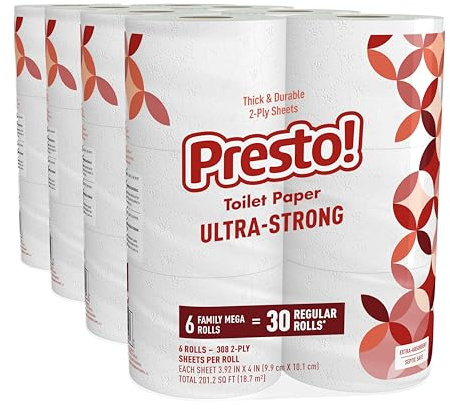 Amazon Brand - Presto! Ultra-Strong 2-Ply Toilet Paper, 24 Mega Rolls = 120 Regular Rolls, 308 Sheets Per Roll, Unscented