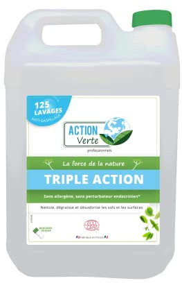 ACTION VERTE - Triple action - Nettoie, désodorise et dégraisse les sols - sans traces et fait briller - Formule naturelle - Label Ecocert - Bouchon doseur - 125 lavages - 5L - Fabrication française