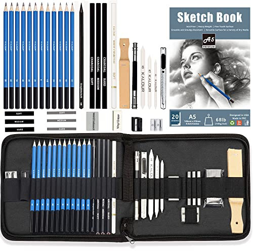 Love Art 34 Pcs Kit de Dessin – Crayons et Fusain dans un Étui de Transport à Fermeture Éclair – Fournitures Artistiques Y Compris Gomme, Charbon de Bois Bâton