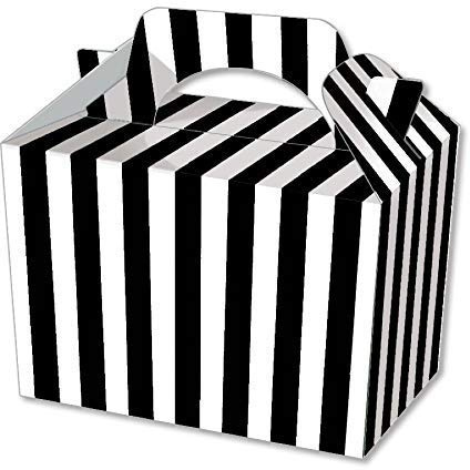 We Can Source It Ltd - Black and White Stripe Paper Meal Boxes 15cm x 10cm x 10cm with Handle – Kids Birthday Party, Picnic, BBQ, and School Meal Boxes – Easy Assembly, Food Safe - Pack of 50