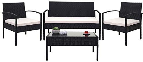 Mendler Poly-Rattan Garnitur HWC-F56, Balkon-/Garten-/Lounge-Set Sitzgruppe - schwarz, Kissen Creme