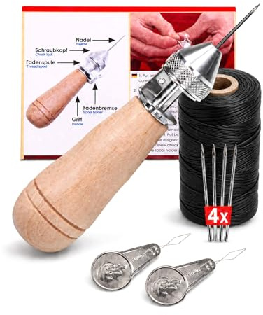 Profi Ledernäh-Set mit Handnähapperat Nähahle Sattlerahle + gewachstem Garn + Einfädler +Ersatznadel - Handnähmaschine für dicke Stoffe - Sattlergarn - Ledergarn - Polstergarn (schwarz)