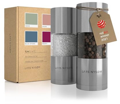 LARS NYSØM Salt and Pepper Grinder Set, Manual Salt and Pepper Mills with Adjustable Ceramic Grinder, Design Spice Shaker Set (Stainless Steel)