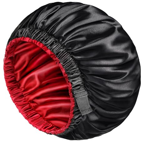 mikimini Satin-Haube 2er-Pack für Männer und Frauen, wendbare doppellagige Schlaf-Seidenhaube für lockiges Haar, Zöpfe mit rutschfestem, verstellbarem, verbreitertem Gummiband (XL, Schwarz/Rot)