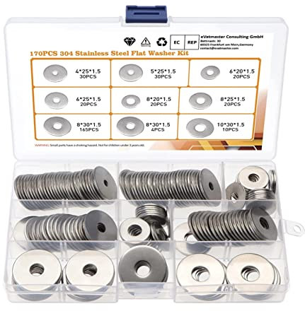Junta tórica de goma, arandela de junta de sellado, arandelas de metal, arandelas planas de 170 piezas Anillos de sellado de acero inoxidable 304 Juego de arandelas planas con caja adecuada for sujeta