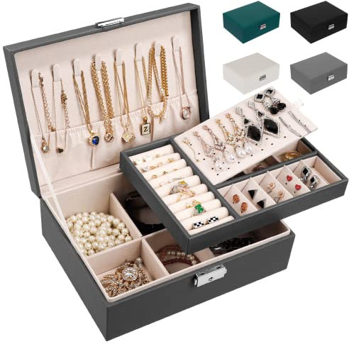 LUZOON Portagioie Donna Ragazza, Grande Porta Gioielli Bambina a 2 Strati in Pelle PU Scatole Portagioielli Cofanetto per Collane, Orecchini, Bracciali-Chiudibile a Chiave con Chiave (Grigio)