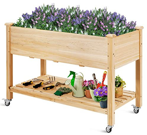 COSTWAY Letto da Giardino Rialzato, Fioriera da Esterno Alta con Ruote Bloccabili e Rivestimento Protettivo, Aiuola Rialzata per Orto, Fiori e Verdure da Cortile e Patio,120 x 59 x 84 cm