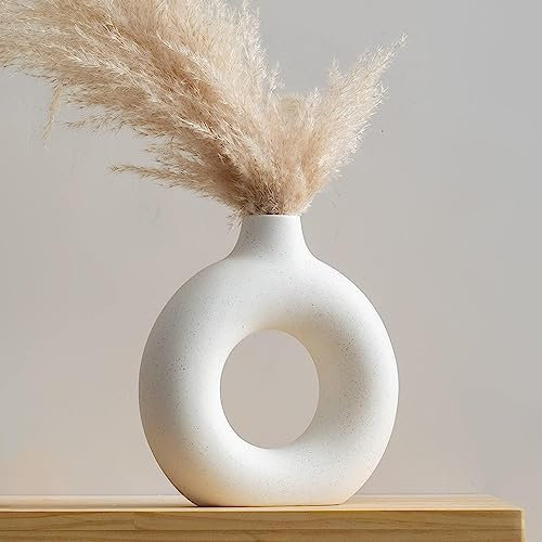 Large Donut Keramik Vase - Vasen Deko Für Moderne Heimdekoration - Rund Matte Deko Vasen Für Pampasgras-Nordischer Boho-Stil Blumenvase Für Hochzeit - Deko Aesthetic -Deko weiß - Esstisch - Zimmerdeko