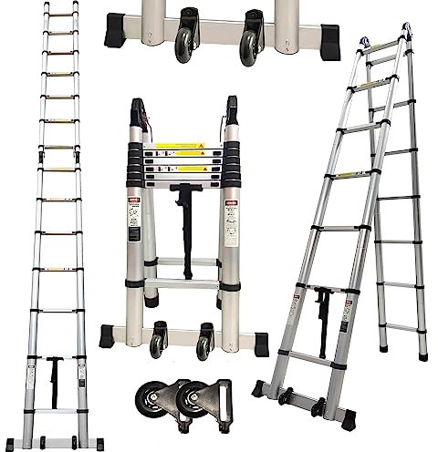 Hooha Teleskopleiter Klappleiter Aluminium Mit Beweglich Rad, 5,8M Ausziehbare Leiter, Rutschfester Aluleiter Stehleiter Mehrzweckleiter 150 kg Belastbarkeit Fur Hausarbeit/Kletterdach