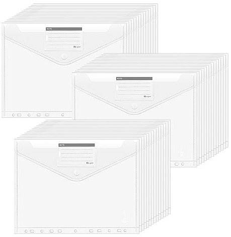 Agoer 42 Stück Dokumententasche A4, Breitere Größen Dokumentenmappe zum Abheften, Sichttasche Transparent Sammelmappen für Dokumente Organisieren Mit Druckknopf und Etikettentasche