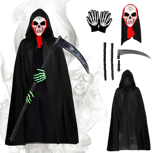 4Pcs halloween sensenmann kostüm,Sensenmann Kostüm mit Schädelmaske, Sense,Skelett Handschuhe, Halloween Umhang, Sensenmann Umhang mit Kapuze, Vampir Umhang, Halloween Dekoration Cosplay（ErwachseneC）…