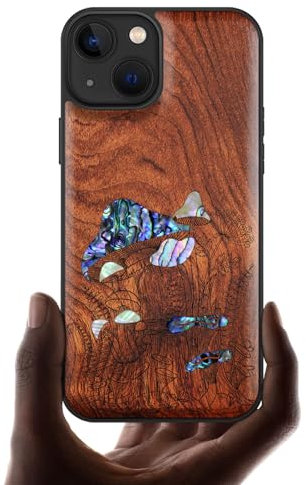 Carveit Bois Etui pour iPhone 13 Magnétique Coque, Incrustation de Coquille de Téléphone Antichoc Compatible avec Apple 13 Étui Magsafe (Rosé-Champignons millésimés)