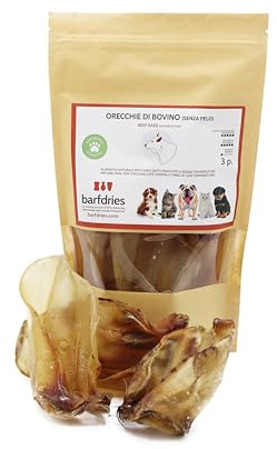 barfdries Orecchie di Bovino senza pelo, alimento naturale per Cani e Gatti essiccato a bassa temperatura. Confezione da 3 pezzi