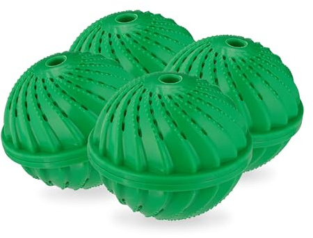Relaxdays Tvättboll, set om 4, tvättboll för tvättmaskin, ekologisk, hudvänlig, tvätt utan tvättmedel, grön