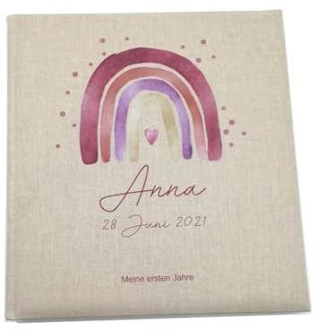 Tenii® Fotoalbum personalisiert Baby, Kind Regenbogen Watercolor rot Leinen, Erinnerungsalbum (30x31cm - 100 Seiten)