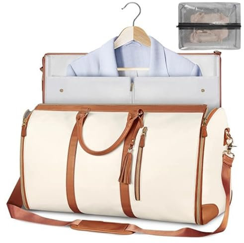Hixingo Bolsa de Viaje Plegable para Trajes, 2 en 1 Convertible Bolsa de Lona para Ropa Vestidos Bolsa Portatrajes Viaje para Mujer y Hombre (Beige,52x25x31cm)
