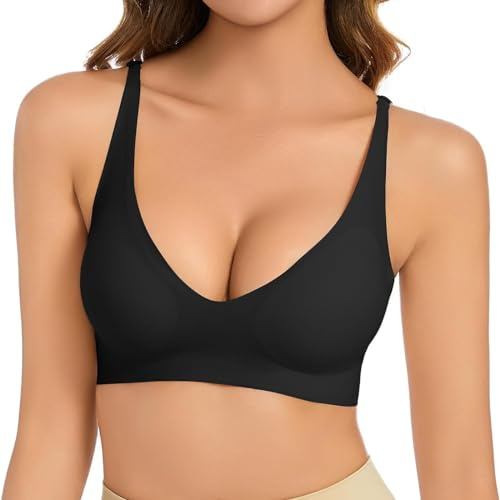 BH Ohne Bügel Push Up für Kleine Brust,Schwangerschaft Kleidung Bra,V-Ausschnitt, Bequem, Weicher BH, Push-Up, Nahtloser BH, Leicht Gepolsterte Brüste,Bequeme Nahtlose Sport&Schlaf&Yoga (Black, S)