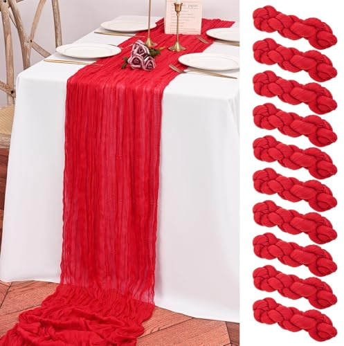 Teruntrue 10 Stück Tischläufer Rot für Hochzeiten, 55 x 300 cm | Weiche Polyester-Gaze in Käsetuch-Optik mit lockerem Faltenwurf für Boho-Tischdeko, Geburtstage, Partys und Hochzeitsbögen