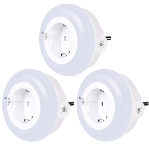 emotionlite Nachtlicht Steckdose mit Dämmerungssensor, LED Nachtlampe Kinder Schützen Steckdose Helligkeitssensor, Auto/ON/OFF mit Lichtsensor 4 Helligkeit Einstellbar WarmWeiß 2700K 3 Stück