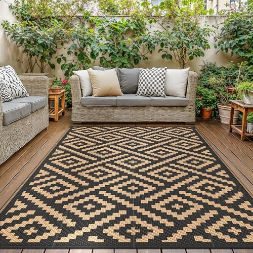 GENIMO Tapis Exterieur Resistant Pluie Terrasse, Reversible Résistant aux UV Tapis Extérieur, Couverture de Pique-Nique Portable pour Jardin, Balcon, Camping, Barbecue, 120x180cm, Noir & Brun