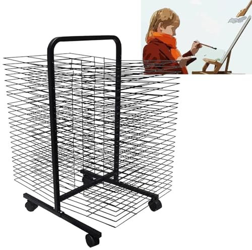 THEGA 50 Etagen Doppelseitiger Mobiler Kunst-Trockenständer - Trockengestell - Kunst Farbtrockner Wäscheständer, Bodenstehender Kunst-Regal Auf Rädern, Zusammenklappbar, Um Platz Zu Sparen