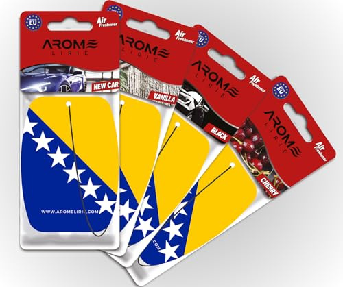 Bosnien Duftbaum Auto Parfum Bosnische Flagge Lufterfrischer 4er Pack – New Car, Black, Vanille, Cherry – Bosna Design – Autozubehör Duft Anhänger