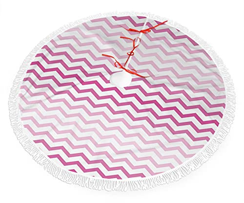 Gráfico rosa, falda de árbol de Navidad con cordones y decoraciones de borlas, gráfico de líneas de patrón en zigzag, suministros de fiesta de Navidad, adorno de árbol, rosa y blanco, 76 cm