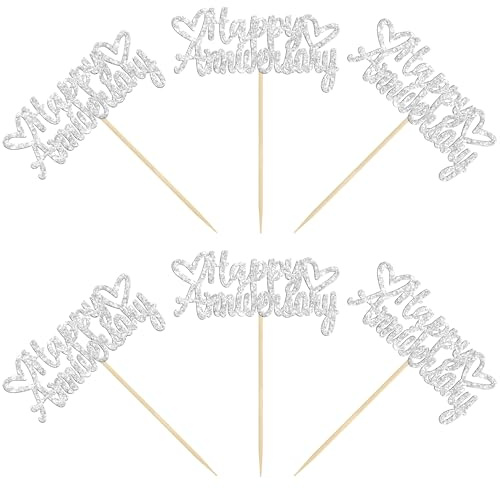 Gyufise 24Pcs Glitter Happy Anniversary Cupcake Toppers Anniversary Party Supplies Cake Decoration Wedding Celebration Party Decoration Supplies Silver
