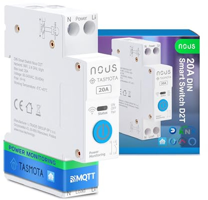 Nous Intelligenter DIN-Schalter 20A mit Tasmota (ESP32), Energieüberwachung, kompatibel mit MQTT, Home Assistant, Matter, Sprachsteuerung mit Alexa, Google Assistant