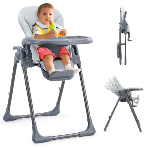Ezebaby Baby Highchair, Foldable and Adjustable Baby Chair, 6 Height Settings, 4 Recline Positions, 3 Tray Positions, Adjust Footrest, Portable High Chair for Baby and Toddler (Grey)