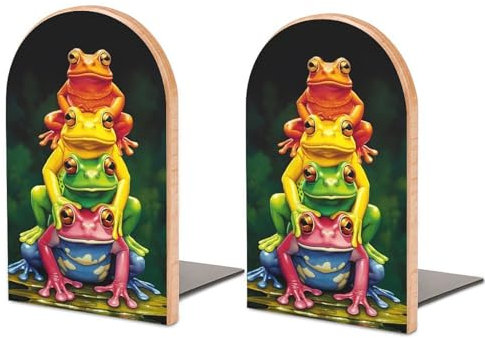 Stück Buchstützen aus Holz, Vier Bunte Frösche, stehende Buchstützen für Regale, rutschfeste Buchstützen für Büro, Zuhause, Küche, Buchstützen zum Aufbewahren von Büchern, 12,7 x 7,6 cm