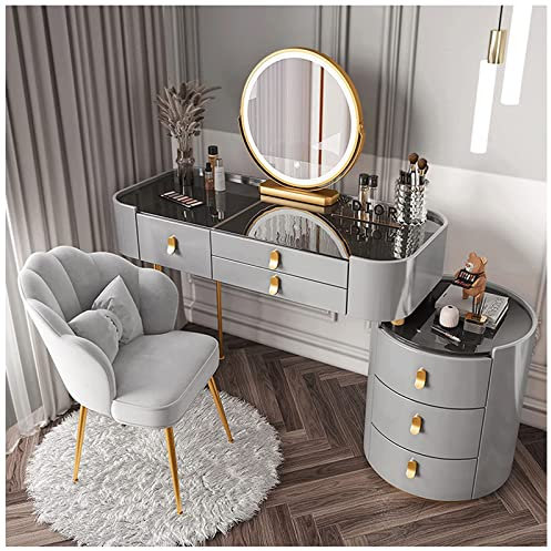 HJDQMDHA Nordisch Morden-Schminktisch mit Glasplatte, Schminktisch-Set mit Beistellschrank und Stuhl, Schminktisch mit beleuchtetem Spiegel und Schubladen Einfach