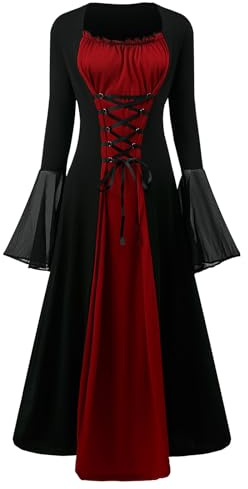 NFAOEGJ Vestido medieval para mujer con mangas de trompeta, vestido tradicional irlandés para mujer, renacentista, cosplay, carnaval, fiesta, Halloween, rojo, M
