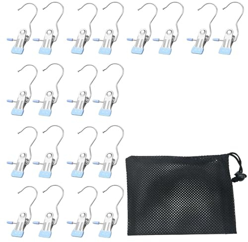 YSDINK 20 Perchas Acero Inoxidable con Pinzas, Gancho Giratorio 360° Antideslizante, Ideal para Ropa, Botas, Sombreros Armario y Lavandería (Azul)
